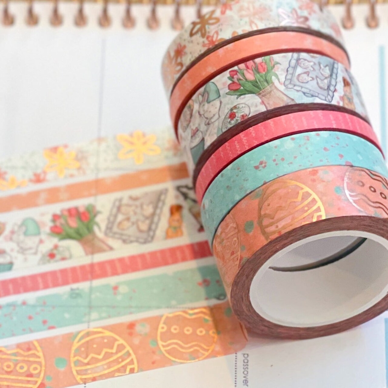 FOILED Easter Rose Gold Bunnies &#x26; Flowers Peach &#x26; Blue Washi Tape Set (#W055)